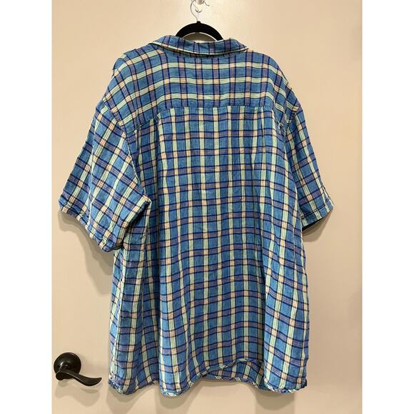 Rochester Shirt Mens Blue Plaid 100% Linen Button Up short sleeves Size-3X - Picture 2 of 8